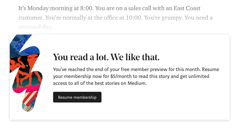 Medium's "Resume membership" prompt