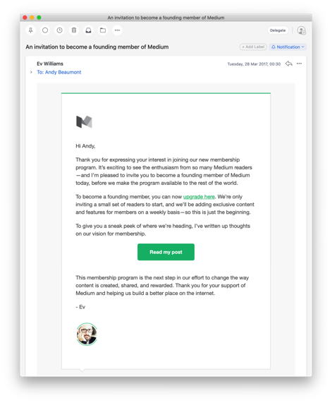 Screenshot of Medium Memberships invite email