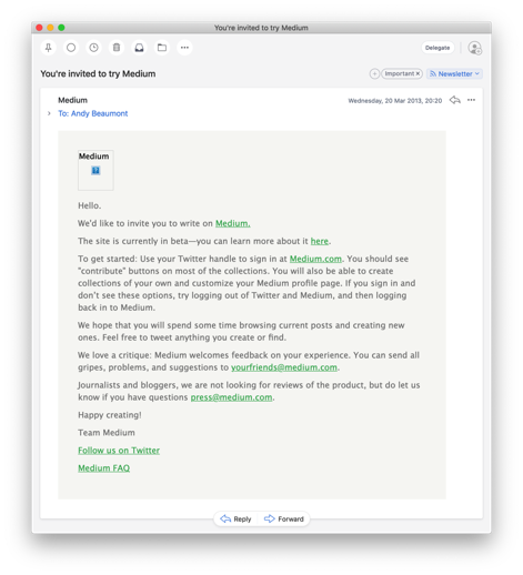 Screenshot of an email inviting the author to beta test Medium.com